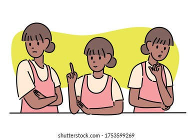 A woman is making a gesture of worry and suggesting a solution. hand drawn style vector design illustrations. 