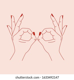 woman making glasses with hands. vector logo in linear style - hands and stars, heart abstract symbol for cosmetics and packaging, tattoo design or stickers in modern minimal style.