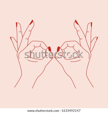 woman making glasses with hands. vector logo in linear style - hands and stars, heart abstract symbol for cosmetics and packaging, tattoo design or stickers in modern minimal style.