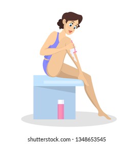 Woman making hair removal procedure on the leg. Depilation and epilation. Body and skin beauty. Shaving hair. Isolated vector illustration in cartoon style