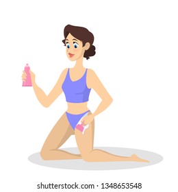 Woman making hair removal procedure on the leg using wax. Depilation and epilation. Body and skin beauty. White strips on skin. Isolated vector illustration in cartoon style