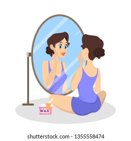 Woman making hair removal procedure on the face using wax. Depilation and epilation. Body and skin beauty. Isolated vector illustration in cartoon style