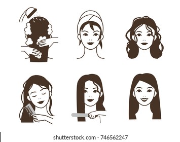 Mujer enderezando el pelo con hierro.Ilustración vectorial.