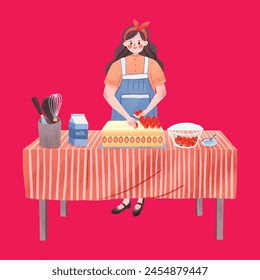 Woman making handmade strawberry cake