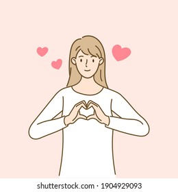 Woman making hart shape and hands  Love   Valentine's day concept  Hand draw style  Vector illustration 