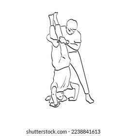woman making head stand near helps trainer instructor in yoga class illustration vector hand drawn isolated on white background line art.
