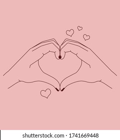 Woman making a heart gesture with her fingers over a pink background with floating hearts for love, line drawn vector illustration card design