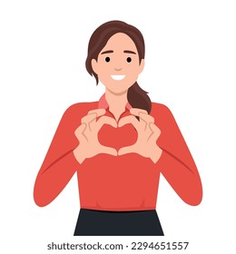 Woman making heart shape with hands. Flat vector illustration isolated on white background