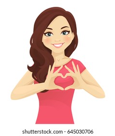 Woman making heart shape with hands isolated.