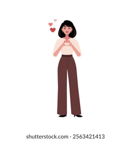 Woman is making a heart shape with her hands. The theme is Valentine's Day, love and infatuation. Vector illustration in a flat style