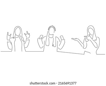 Woman making horns with her hands with two friends in line art drawing style. Composition of three persons. Black linear sketch isolated on white background. Vector illustration design.