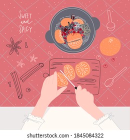 Woman making hot winter drink with fruits and berries.Human hands. Home receipts. Vector template for design of postcard, print, cover and other users