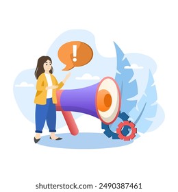 Woman making important announcement using megaphone for marketing campaign