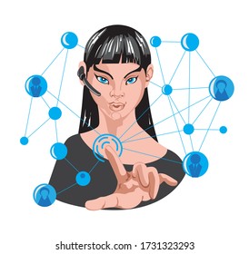 Woman making internet connection around her using one finger. Wireless headset. Vector