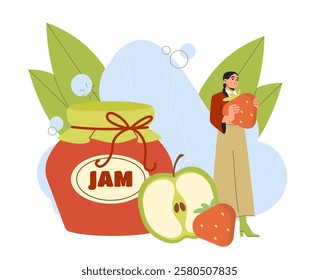 Woman making jam. Young girl with jam from apples and strawberries. Natural and organic dessert and delicacy, sweet product. Homemade dessert. Flat vector illustration