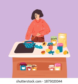 Woman making jelly cartoon illustration. Character cooking jam hand drawn doodle banner design. Preserving goods, confiture, marmalade printing card. Homemade sweets.