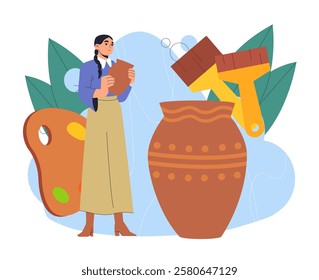 Woman making jugs. Young girl near brown jug with patterns and ornaments. Creativity and art. Workshop and studio. Pottery occupation. Handmade and handicraft dishware. Flat vector illustration