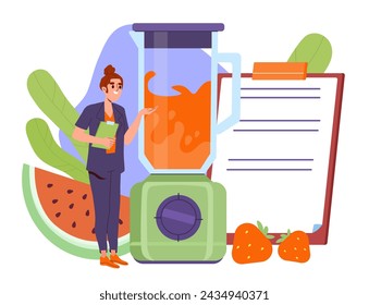 Woman making juice concept. Young girl with shaker near slices of watermelon and straberries. Healthy eating and food with vitamin. Proper diet and nutrition. Cartoon flat vector illustration