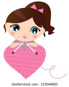 Woman making knitted heart isolated on white