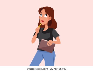 
Woman Making a List and a Plan Vector Cartoon Illustration. Person trying to work and solve creative task by making an idea plan
