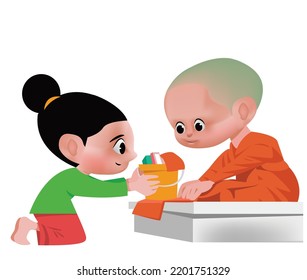 woman making merit to monks offer alms
