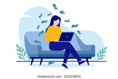 Woman making money on computer sitting in sofa at home. Flat design vector illustration with white background