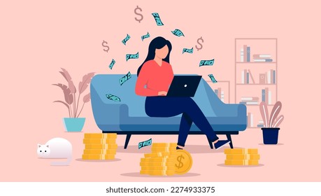 Woman making money online from home sitting in couch with laptop and working. Flat design vector illustration