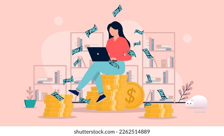 Woman making money - Person with laptop computer sitting on stack of coins earning high income while paper bills falling from above. Flat design vector illustration