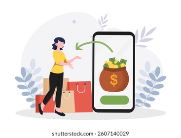 Woman making a money transaction using a smartphone with shopping bags around, flat cartoon style, on white background. Concept of online payment. Vector illustration