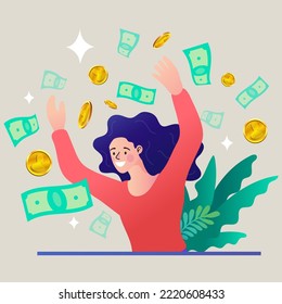 Woman making money. Young woman with financial freedom. Passive income. easy money and investor. profit and a good investment. Flat design vector illustration.