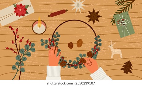 Woman making natural wreath made of eucalyptus branches and pine cones, top view. Rustic Christmas decoration, candle, crafting tools, and ornaments on the wooden table. Vector illustration