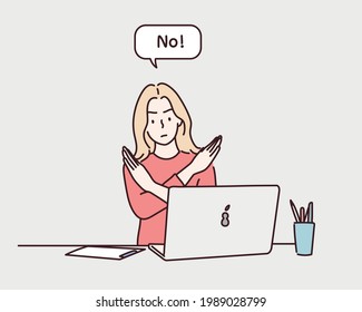 Woman making no hand sign or x symbol, crossing hands, expressing negative feeling, rejection, displeased. Hand drawn style vector design illustrations.