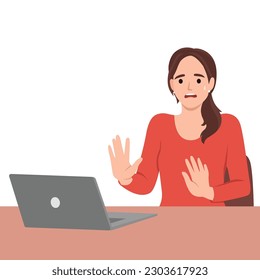 Woman making no hand sign or x symbol, crossing hands, expressing negative feeling, rejection, displeased. Flat vector illustration isolated on white background svg