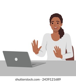 Woman making no hand sign or x symbol, expressing negative feeling, rejection, displeased. Flat vector illustration isolated on white background svg