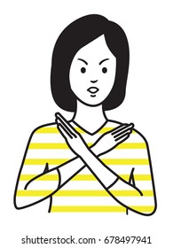 Woman making no hand sign or x symbol, crossing hands, expressing negative feeling, rejection, displeased. Outline hand draw sketching design, simple style.