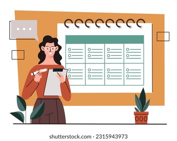 Woman making notes concept. Young girl with marker and notepad marks completed tasks. Time management and organization of efficient workflow, planning. Cartoon flat vector illustration