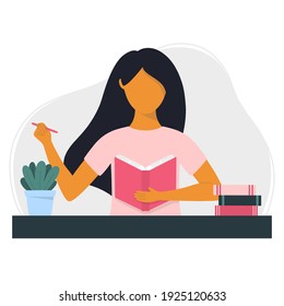 Woman making notes in a notebook, diary or journal. Studying student making notes in a book. Flat style vector illustration.