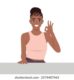 Woman Making OK Gesture in Casual Pink Outfit. Flat vector Character Illustration