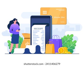 Woman making online payment using smartphone and credit card, Online shopping, E-commerce, Mobile banking, Cashless payment, Secure transaction, Internet banking flat vector illustration template