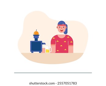 Woman is making orange juice from machine, resting after exercise. Character design. Vector flat illustration