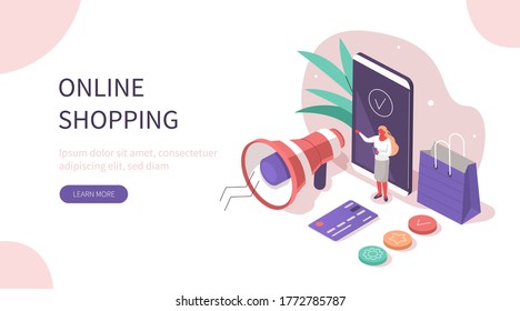 Woman Making Order in Online Store and Paying with Card. Female Character Shopping in Mobile App. E-Commerce and Online Delivery Concept. Flat Isometric Vector Illustration.