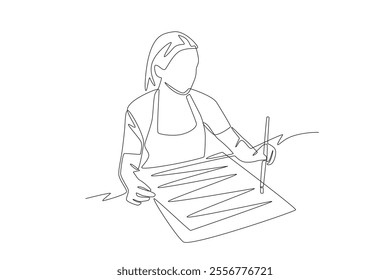 Woman making painting for decoration. DIY decorations concept one-line drawing