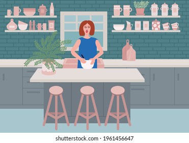 Woman making pancakes in kitchen. Vector flat style illustration. Home interior design. Cozy kitchen. Woman cooking in front of kitchen island.