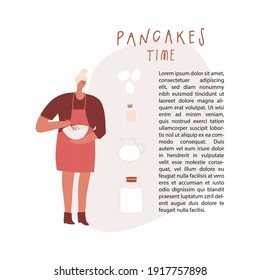 Woman making pancakes. Recipe sketches. Vector template for postcard sticker print poster page design