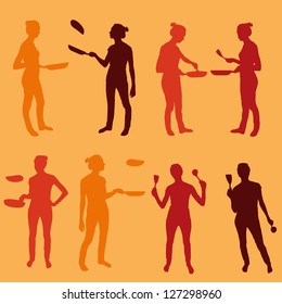 Woman making pancakes vector background set
