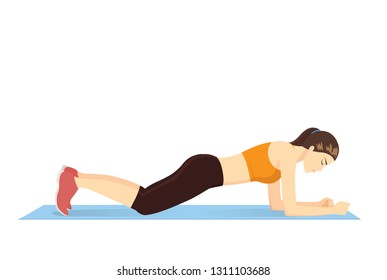 Woman making perfect body with Knee Plank exercise on blue mat. Illustration about Abdominal workout. 