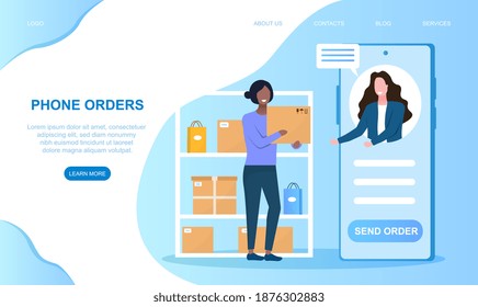 Woman making phone orders. Professional worker processing orders she get on the phone. Concept of online ordering. Website, web page, landing page template. Flat cartoon vector illustration