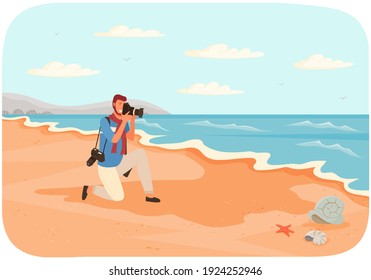 Woman is making photo of amazing landscape. Girl with camera is looking into lens. Photographer with professional camera conducts photo session of seascape. Coastline with ocean at high tide