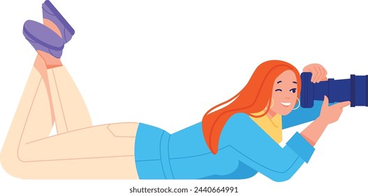 Woman making photo laying on ground. Professional photographer isolated on white background