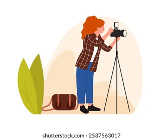 Frau macht Foto, Fotograf mit professioneller Kamera auf Stativ, Vektorgrafik